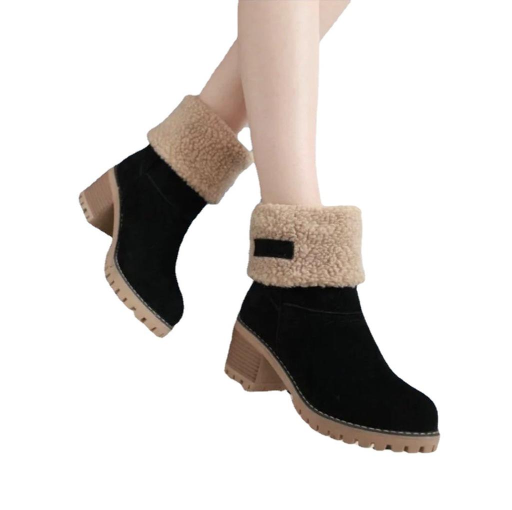 European and American Medium Boots Cotton Shoes Winter Women's Shoes Thick Heel High Heel Snow Boots Two Wear Velvet Warm Women's Shoes Boots Spot