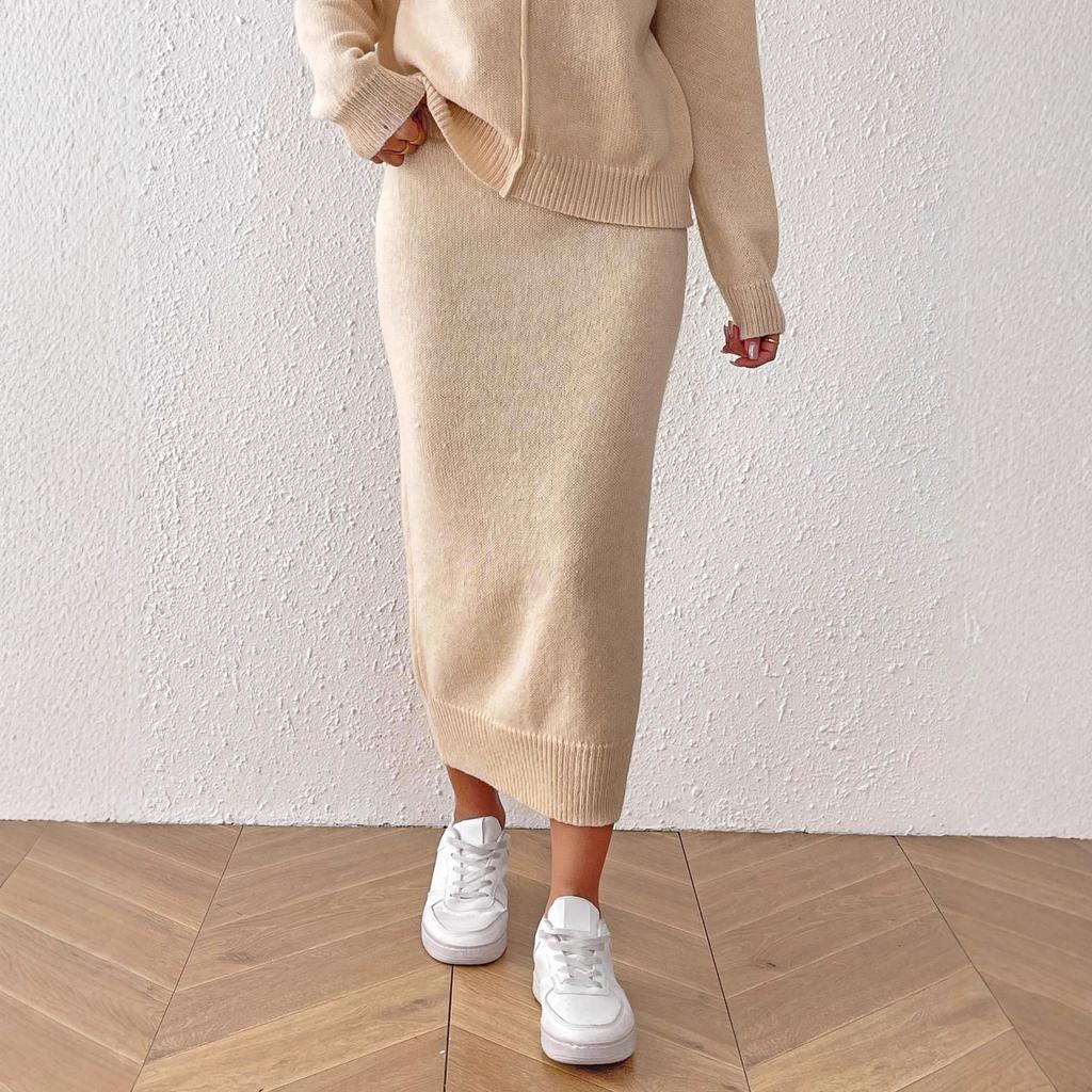 Women's casual commuter hip skirt European and American women's clothing solid color casual skirt woven medium and long sweater skirt