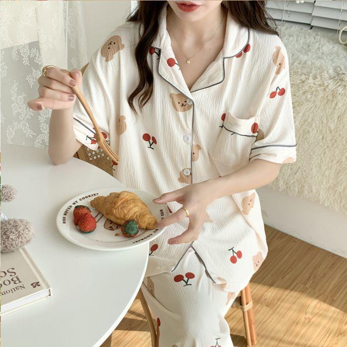 Women's Cute Cartoon Pajama Set - Short Sleeve & Long Pants, Comfortable Summer Home Wear