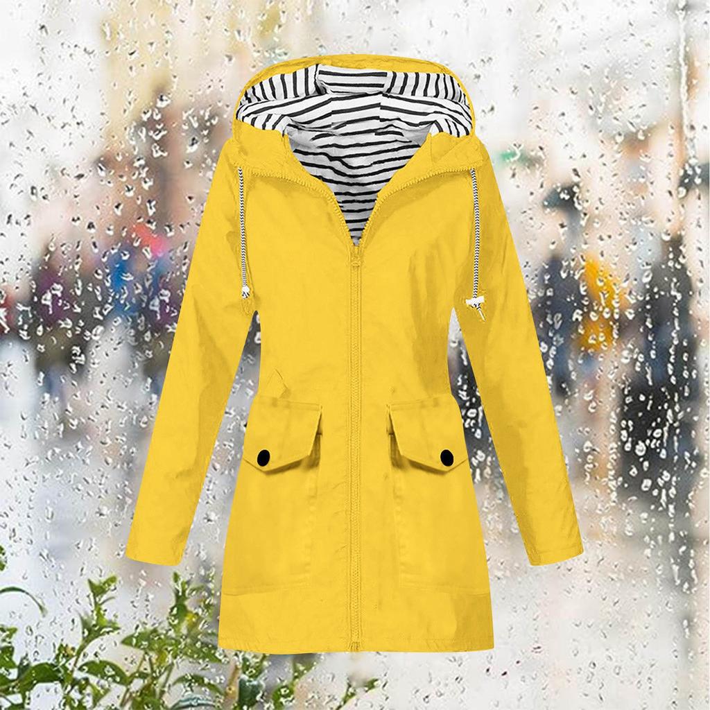 Women Solid Stripe Rain Jacket Outdoor Plus Waterproof Hooded Raincoat Windproof