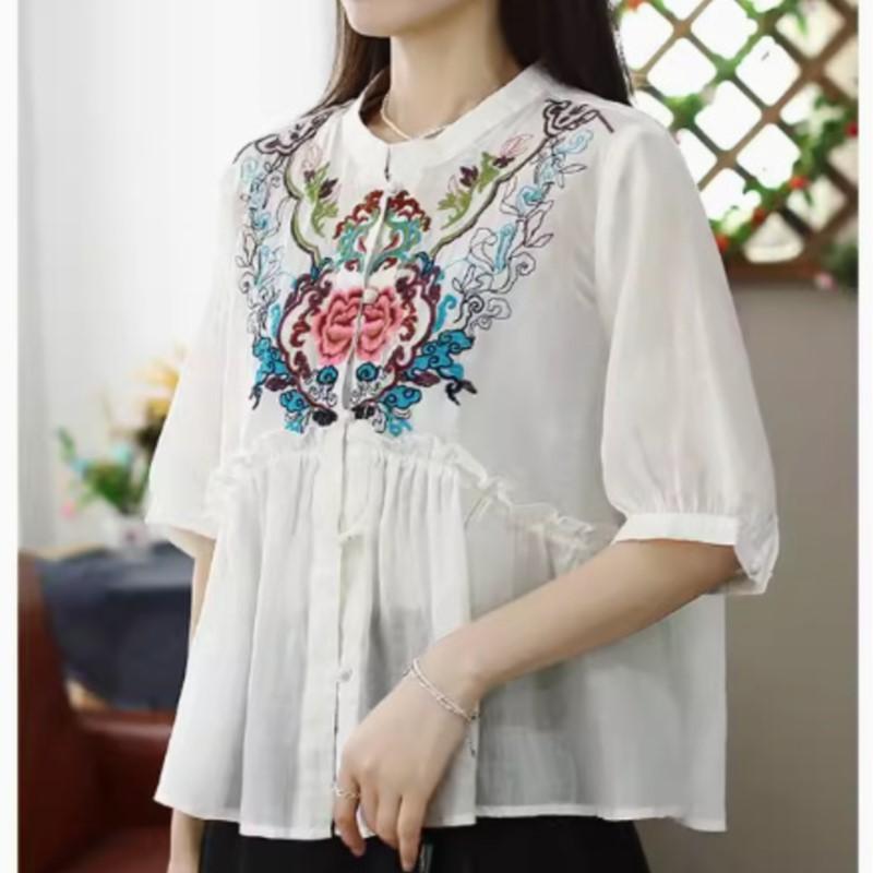 

Johnature женские винтажные рубашки с вышивкой и цветочным принтом, топы, блузки с короткими рукавами и стойкой One Size белый