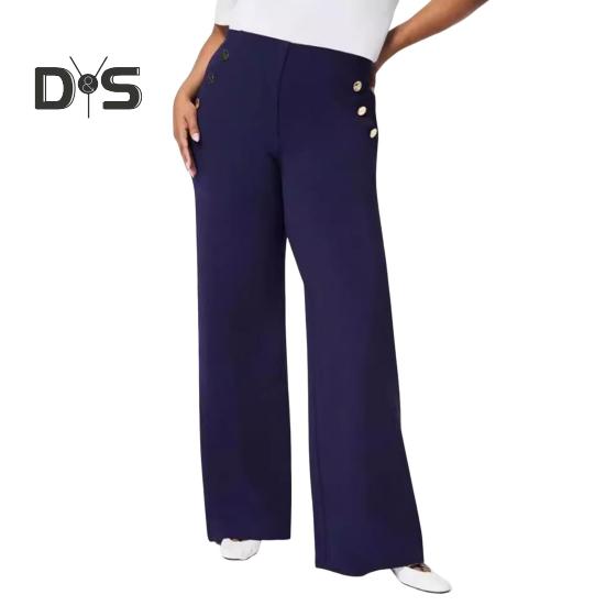 Women Pants Elastic High Waist Straight Wide Leg Pants with Pockets Buttons Decor Solid Color Slim-Fitting Tummy Control Work Trousers