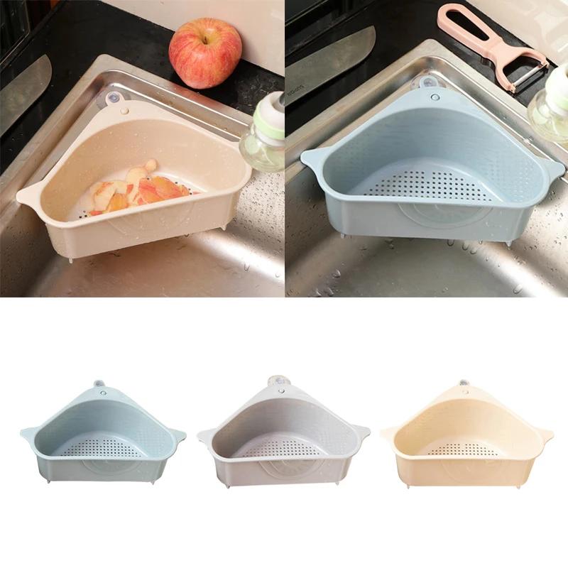 Neue dreieckige Küchenspüle Sieb Abfluss Obst Gemüse Abtropffläche Schwamm Rack Storage Tool Korb Saugnapf Spüle Filter Regal