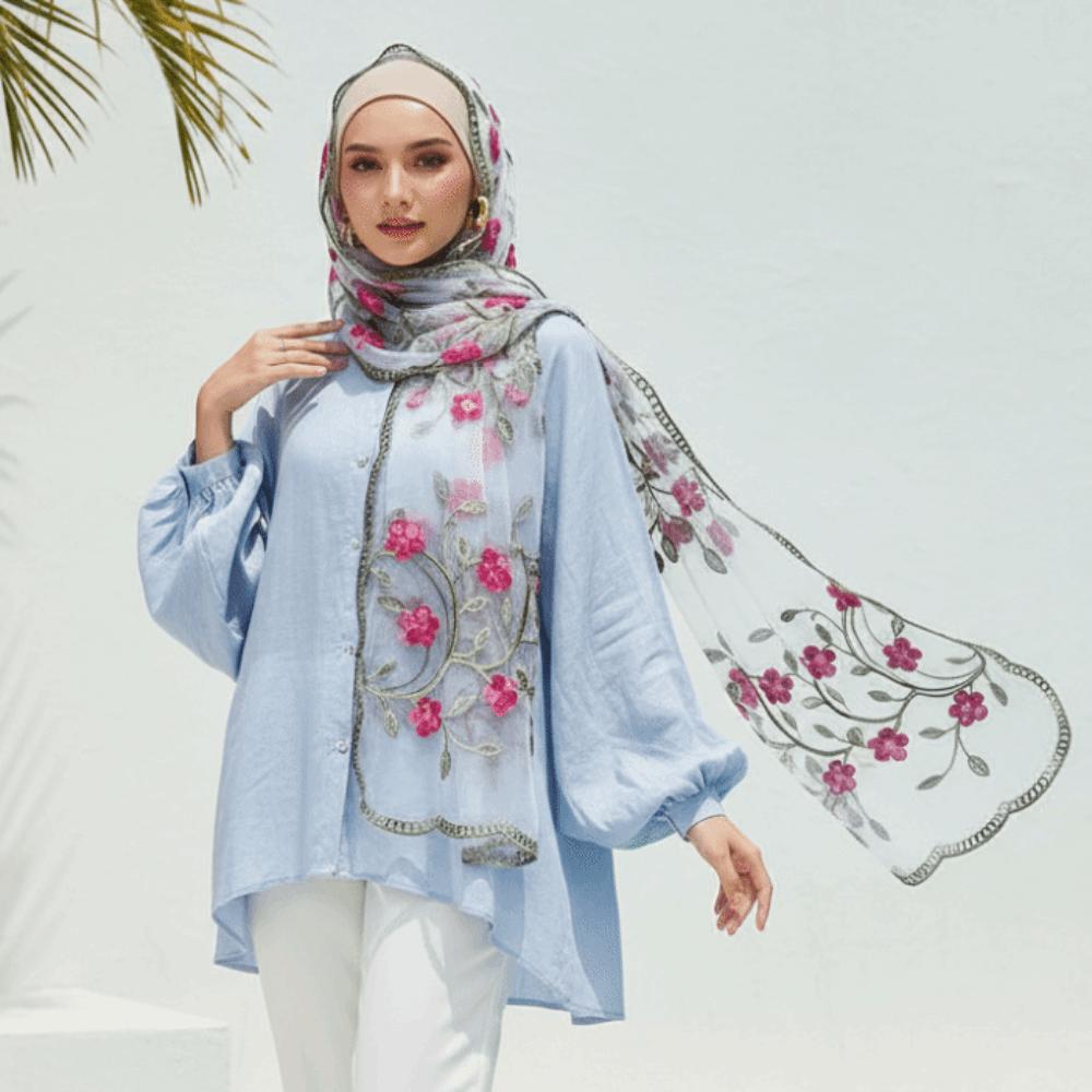 Lightweight Embroidered Floral Headwrap Breathable Long Lace Scarf Summer Hijab Travel Photoshoot