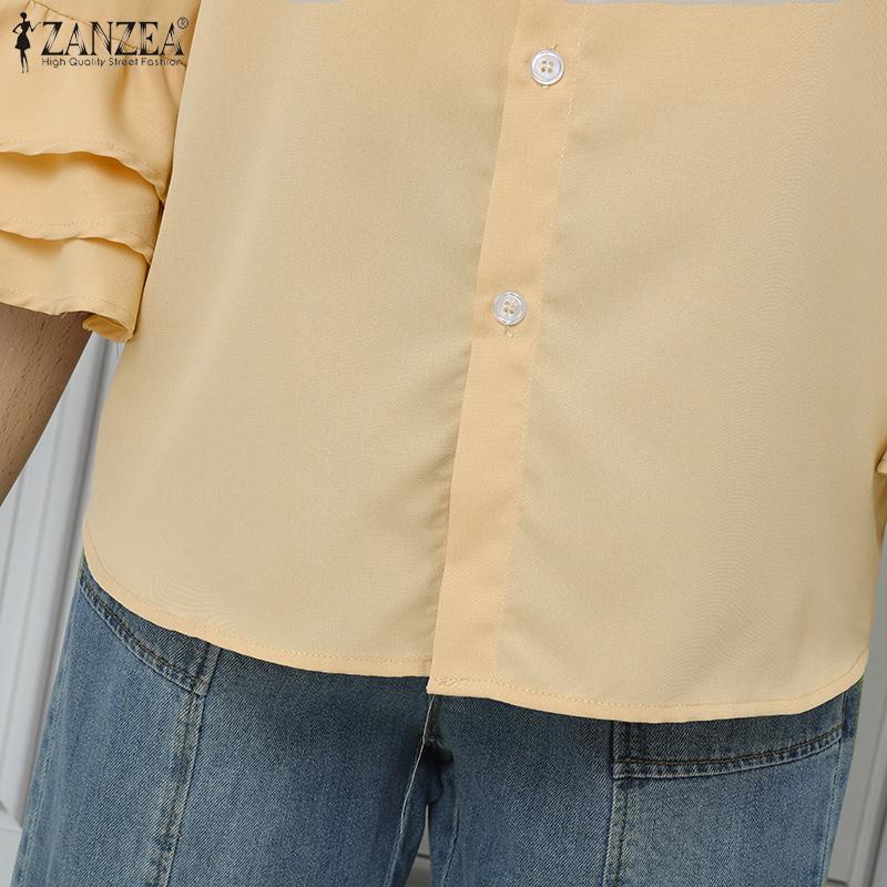 ZANZEA Women Casual Turn Down Collar Solid Color 3/4 Sleeve Loose Blouse