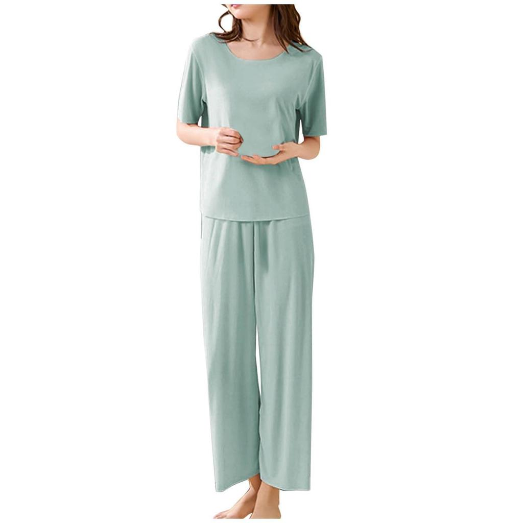 Women's Casual Pajamas Set Solid Color Short Sleeve Up Nine Pants Two Pieces