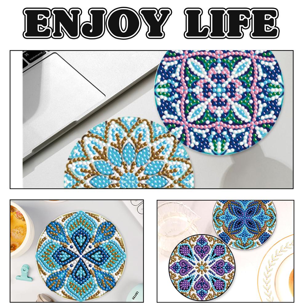 6PCS Diamond Crafts Coasters Fresh Greenery Diamond Painting Coasters Kits Mandara Wooden for Adults Kids Beginner Gift Supplies
