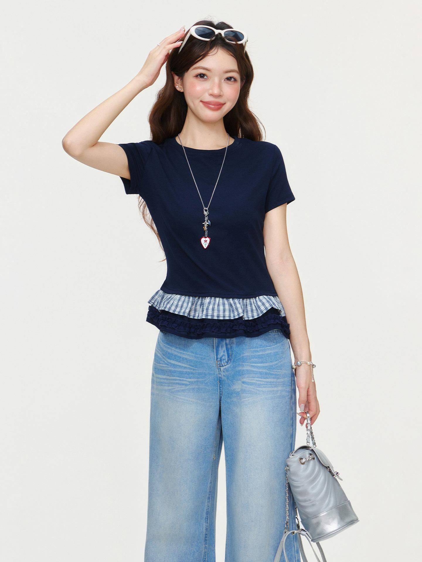 

Premium round neck front shoulder waist short-sleeved T-shirt women s summer slim-fitting and thin plaid hem fungus edge top S темно-синий