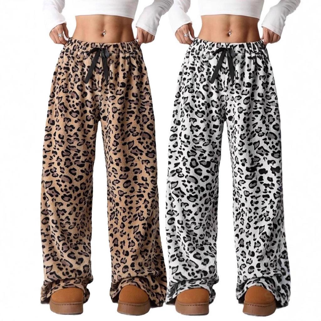 Neue Herbst-Winter Leopardenmuster High-Waist Schnürung Weiter Bein Hosen für Damen