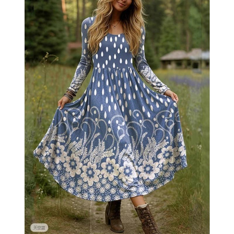 DAFIFY Women's Fashion Spring Fall Flower Pattern Print Long Sleeve U-Neck High Waist Casual Dresses