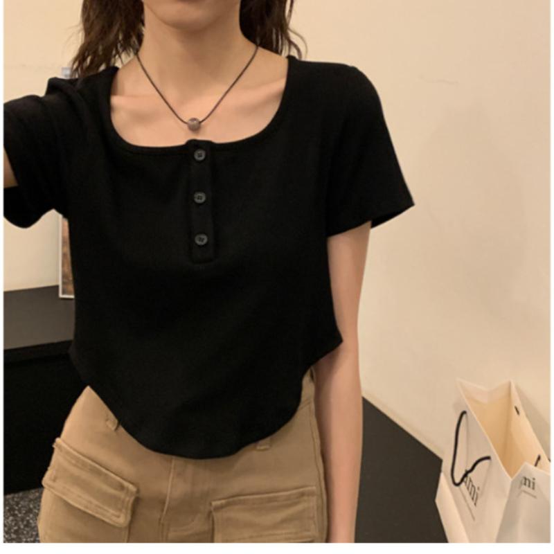 Short T-shirt for Women In Summer New Korean Style Slim Inner Wear Student Slim Student Thread Button Top Trendy