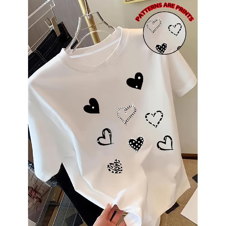 Pearl Heart Print Round Neck Women's Short Sleeve Top T Shirt Spring and Summer Luxury-style Women's Tops