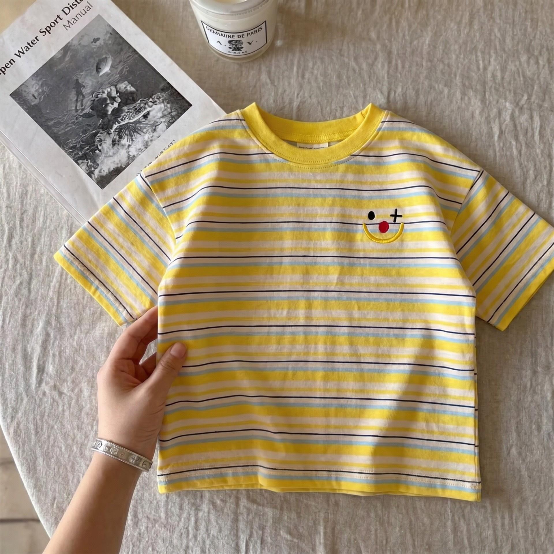 Kids Short Sleeve Striped T-Shirt with Smiley Face Embroidery for Boys and Girls 80