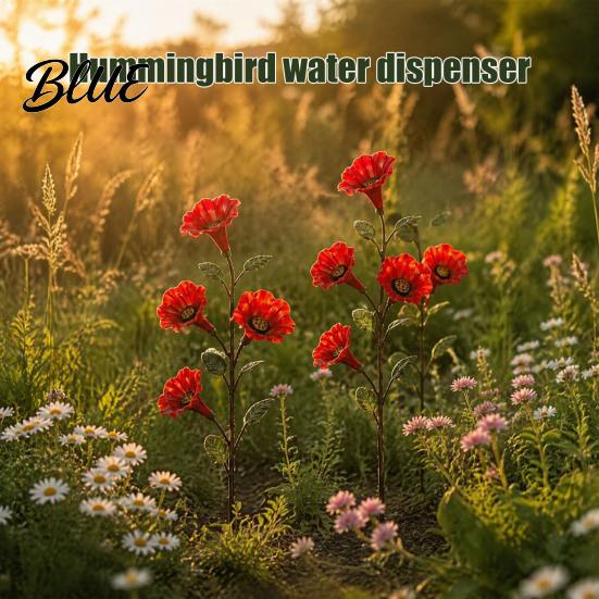 Bee Watering Station Red Flower Hummingbird Feeder with Ground Stake Metal Bird Feeder Yard Art Decoration for Outdoor Lawn Patio Feeding