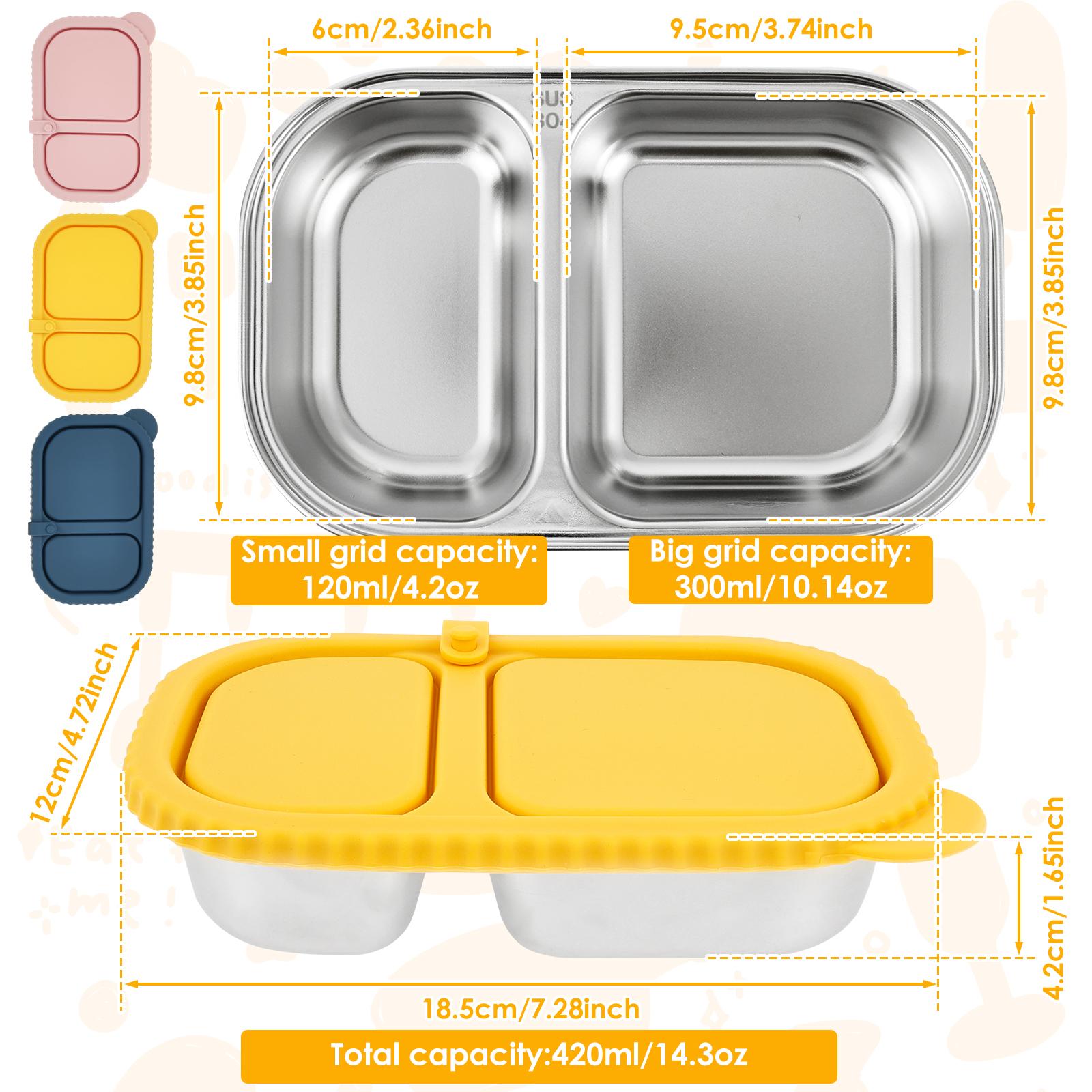 

3Pcs 420ml Stainless Steel Snack Container Portable 2 Compartment Sauce Box with Silicone Lid Food Storage Box for Salad Ketchup