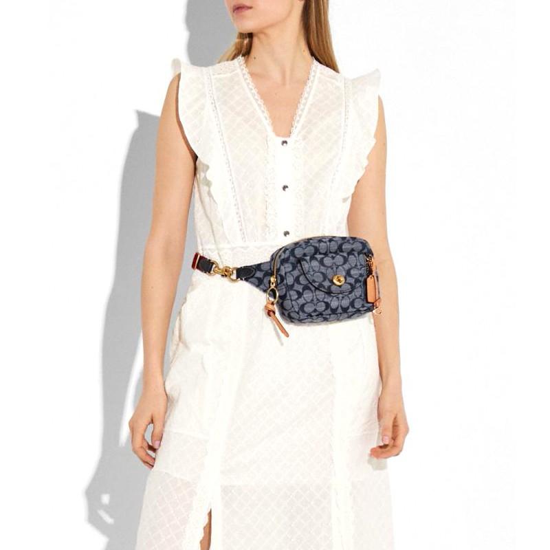 Coach Cargo 18 Chambray Floral Print Canvas And Leather Shoulder Bag Women Shoulder Bag Denim-Blue 3236-B4CB