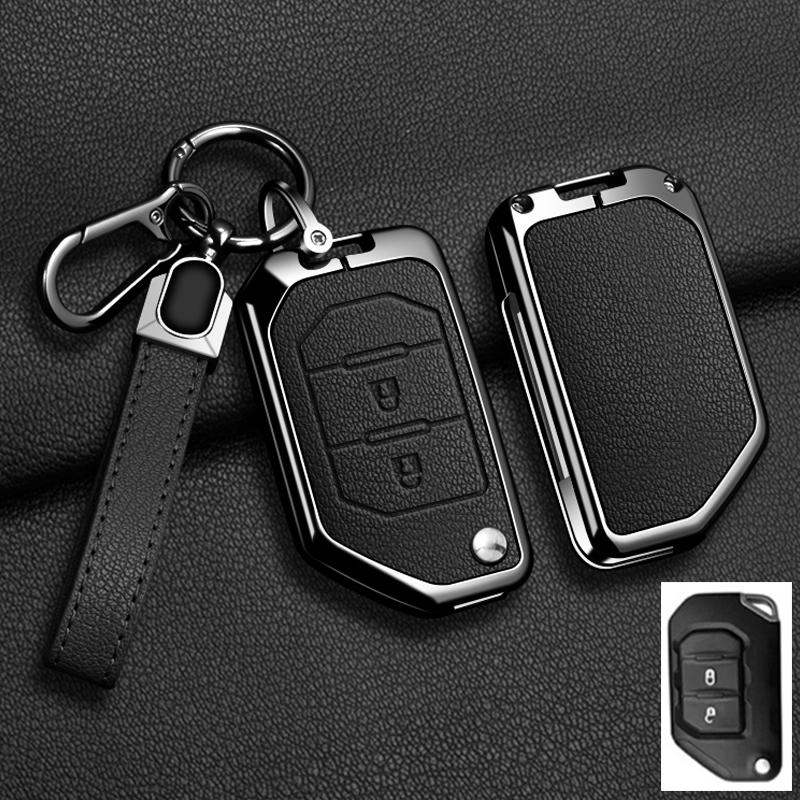 Convient Pour Jeep Gladiator Jt Sahara Jlu Wrangler Jl Rubicon Alliage de Zinc Cuir Véritable 2 3 4 Boutons Housse Étui Porte-clés pour Clé de Voiture Accessoires Auto
