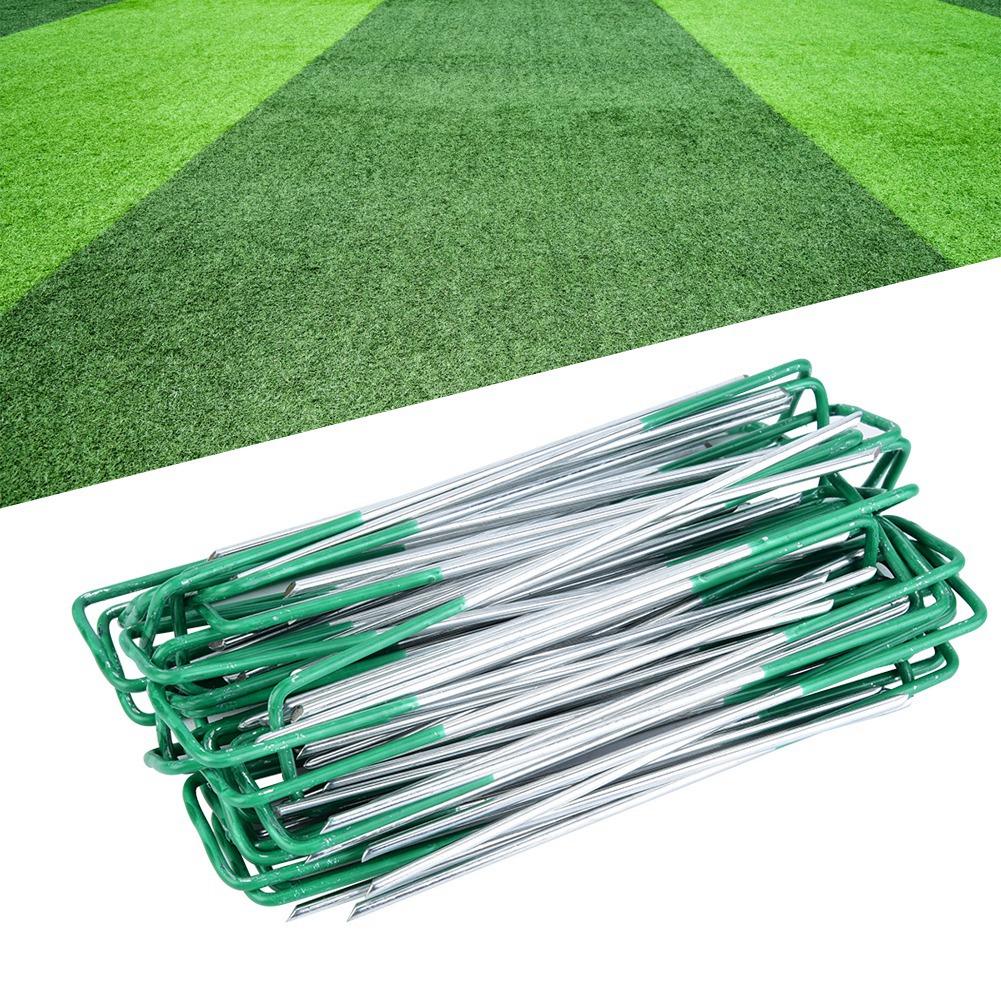 100pcs Half Green Artificial Grass Turf U Pins Metal Galvanised Pegs Staples Weed