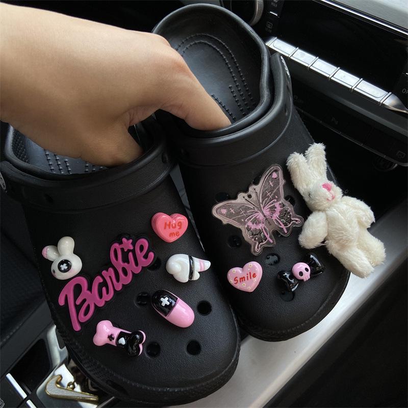 Croc Accessories: DIY Barbie Pink Y2K Emo Shoe Charms with Dark Butterfly Heart Design