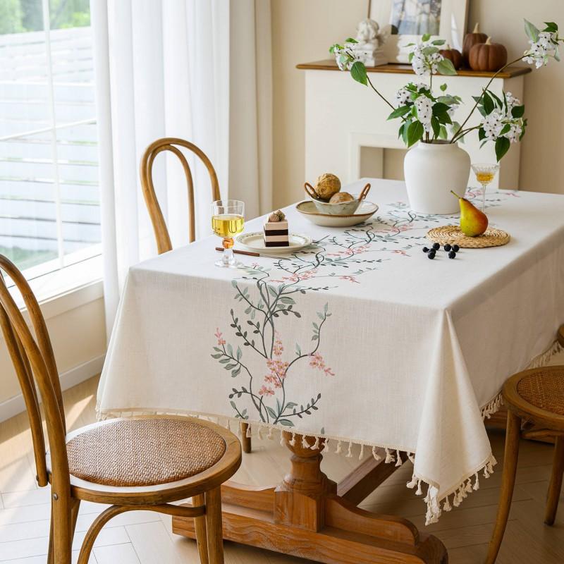 Waterproof Fabric Tablecloth Linen Blend Fresh Nordic Style Embroidered Rectangular Dining Table Coffee Cover