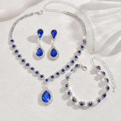 2026 European and American Full Diamond Big Water Drop Crystal Necklace Earrings Bracelet Set Jewelry Three-piece Set