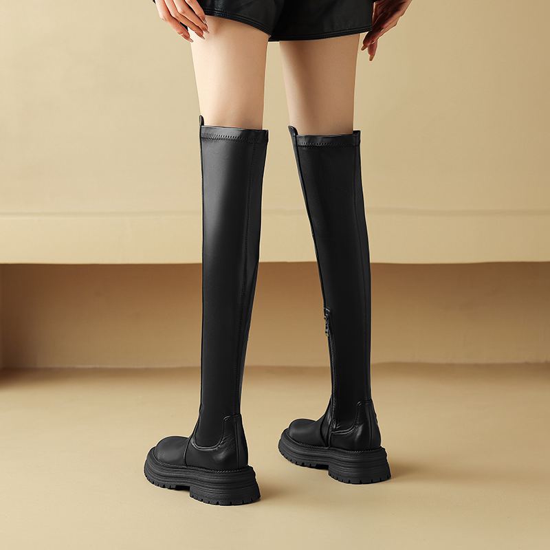 Krazing Pot Microfiber Autumn Winter Shoes Med Heels Flat Platform Size 42 Over-the-knee Boots Slip On Elastic Thigh High Boots