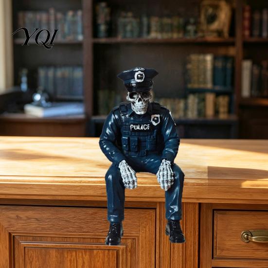Horror Home Ornaments Halloween Skeleton Ornament, Policeman/Military Resin Gothic Skull Figurine, Dark Style Sitting Pose Sculpture for Bookshelf