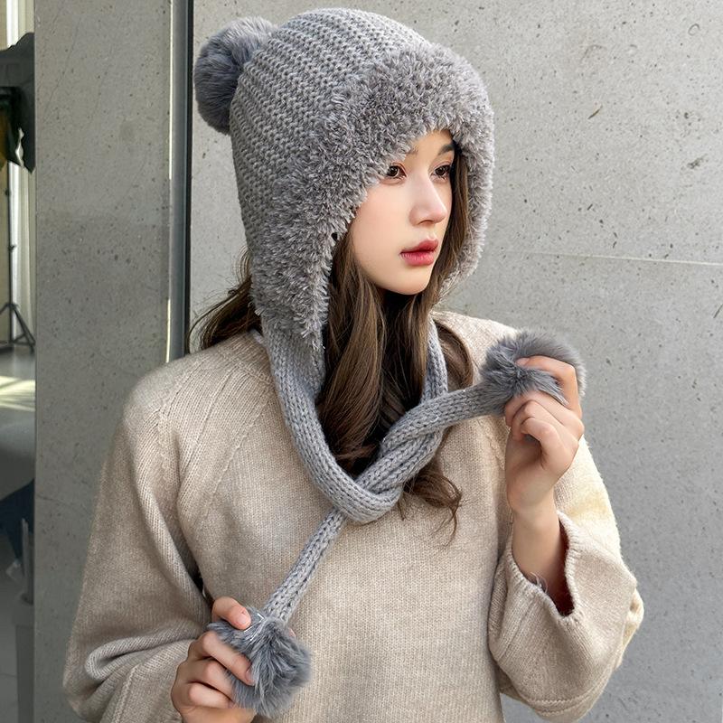 Plush Hat Solid Color Warm Knitted Hat Plush Ball Wool Hat Cute Hanging Ball Outdoor Hat Winter