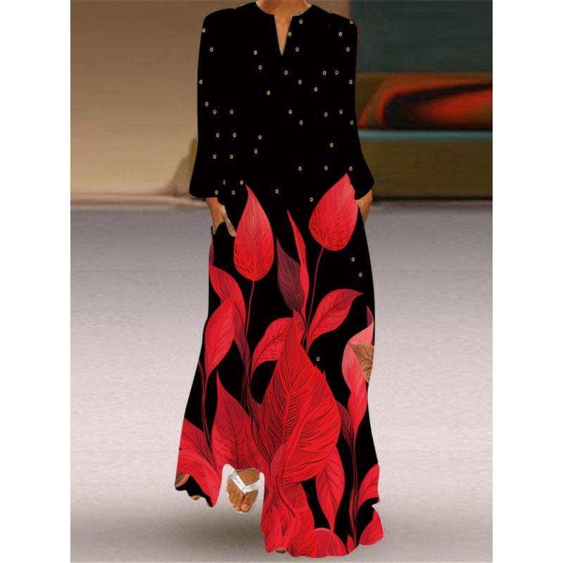 Long Sleeve Dress 2025 Spring/Summer New Arrival Fashionable, Elegant and Sexy V Neck Print Loose Long Pocket Dress