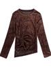 Round Neck Beaded Rose Velvet Long Sleeve Women's Shirt In Black Coffee Nylon