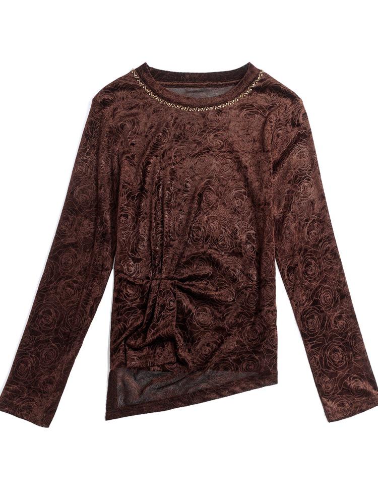 Round Neck Beaded Rose Velvet Long Sleeve Women's Shirt In Black Coffee Nylon