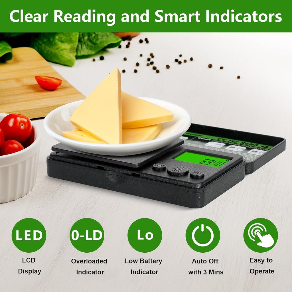 0.01/1000g Digital Pocket Scales, Portable Precision Gram Scales with 7 Units and Tare Function, Electronic Weighing Kitchen Scales with LCD Display