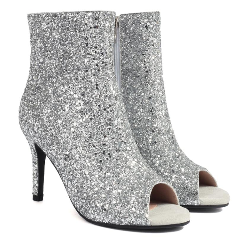 Módní luxusní kotníkové boty pro ženy s otevřenou špičkou, se sequinovými vysokými podpatky, dámské krátké boty, taneční párty boty, dámská velká velikost 48