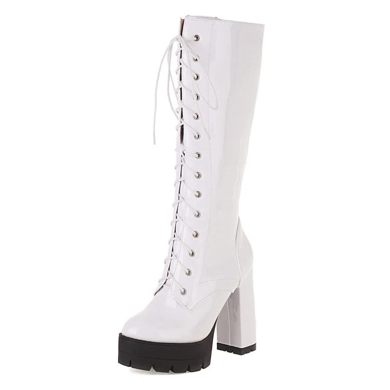 Rode Lakleren Dames Kniehoge Platform Laarzen Blokhakken Witte Jurk Feest Dames Vetersluiting Ronde Neus Lange Motorlaarzen
