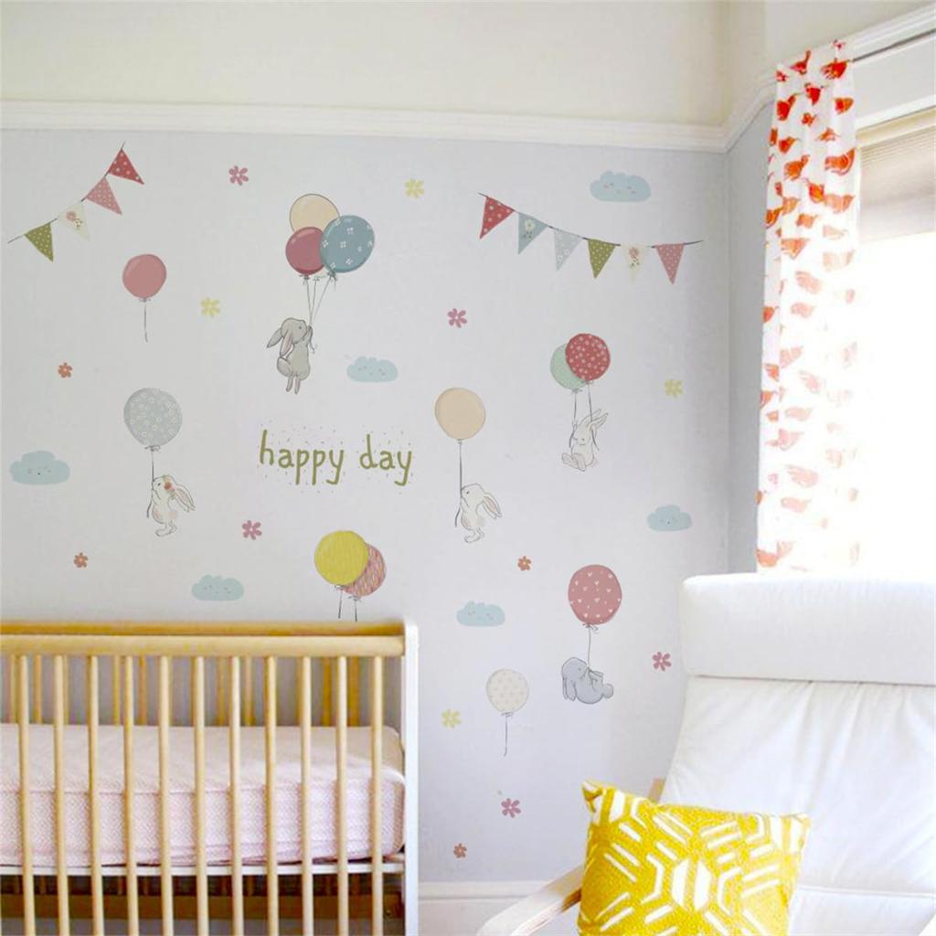 Mignon Animal Lapin Murale Autocollants Muraux Élégants avec Montgolfière et Autocollants Muraux Amovibles pour Bébé et Murale Autocollants Muraux Décoratifs pour Chambres à Coucher Autocollants,
