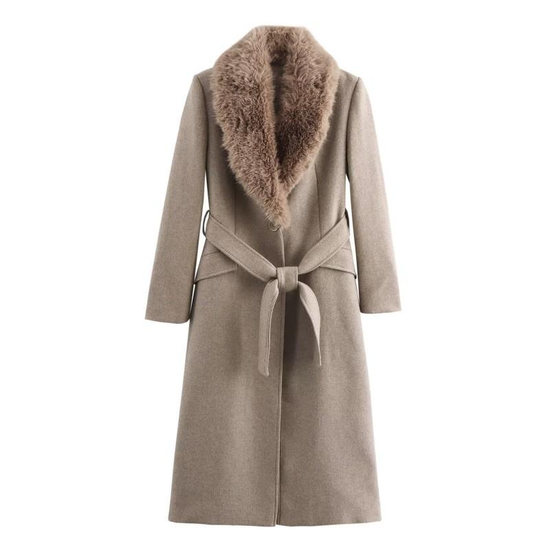 Womens Wool Blend Coat Faux Fur Collar Tied Waist Thick Fall Winter Outerwear