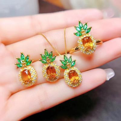 Yellow Diamond Pineapple Set, Creative Fruit Green Diamond Stud Earrings Open Ring Colored Treasure Pendant
