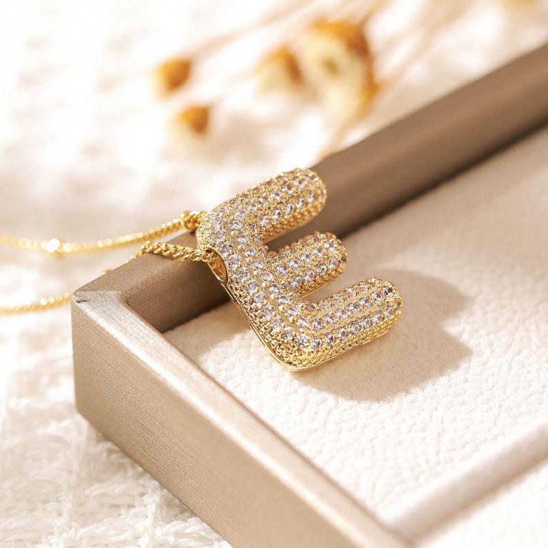 26-Letter Alphabet Pendant Necklace with Copper Clavicle Chain and Micro-Inlaid Zircon