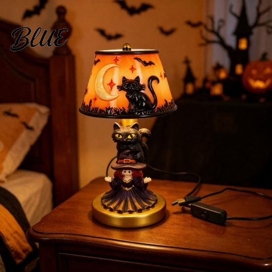 USB Plug-in Night Lamp Halloween Light Powered Stained Glass Lamp Retro Gothic Glowing Bookshelf Lighting with Warm Amber Purple Tabletop Decor for