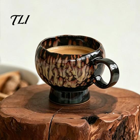 Vintage Style Afternoon Tea Mug Ceramic Coffee Mug, Reactive Glaze Latte Cup with Flow Pattern, Heat Resistant Hot Chocolate High Footed for