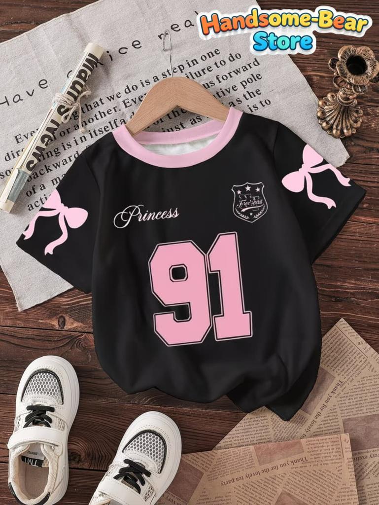 T-Shirt for Kids Girls' Number Digital Print Pattern Sports Style Round Neck Short Sleeve Football Jersey T-Shirt Girls Clothes