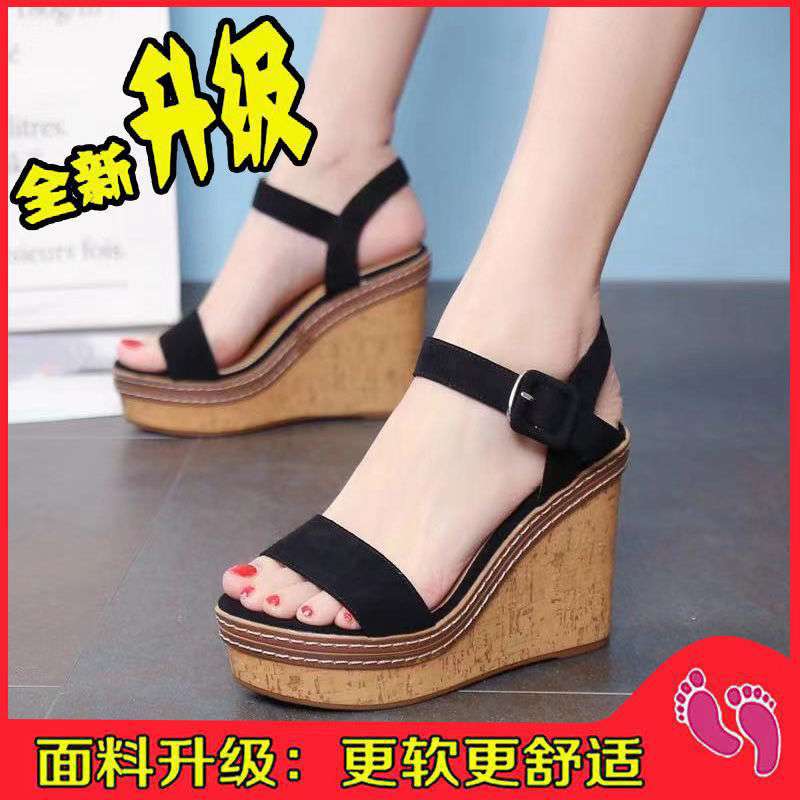 2025 slope heel sandals women's summer new high-heeled platform open-toed muffin shoes European station casual sandals