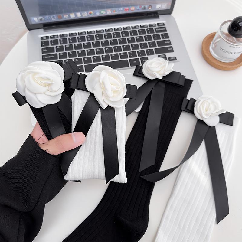 Lolita Jk Schleife Mittelhohe Socken 3D Kamelienblume Krawatten-Socken Ballett Sommer Dünne Schwarz-Weiß Socke Y2K Partykleider Socken