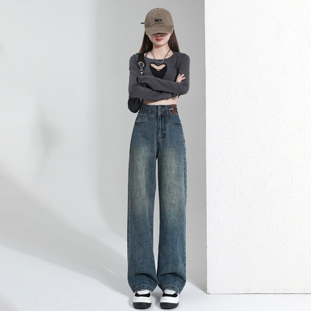 

Personalized Versatile Double Button Straight Jeans Women s Spring and Autumn 2025 High Waist Drop Small Mopping Wide Leg Pants 2XL сине серый