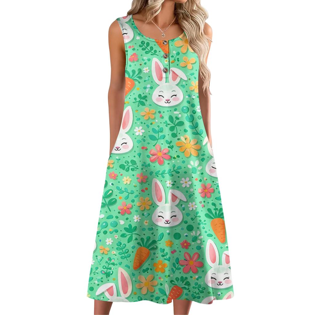 Women Fashion Casual Sleeveless Button Easter Print Dress With Pocket