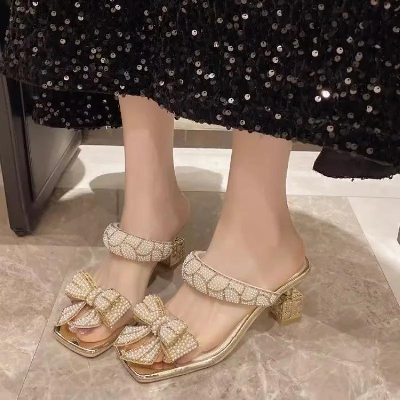 Fashion Fashion Women's Slippers Square Heel One Kick Sexy Bow Tie Sandals for Women Pearl Banquet Extra-shaped Heel Sandalias De Mujer