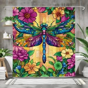 Dragonfly Shower Curtain, Stained Glass Design Bath Curtain, Waterproof Fabric Bathroom Decor, Colorful Floral Art