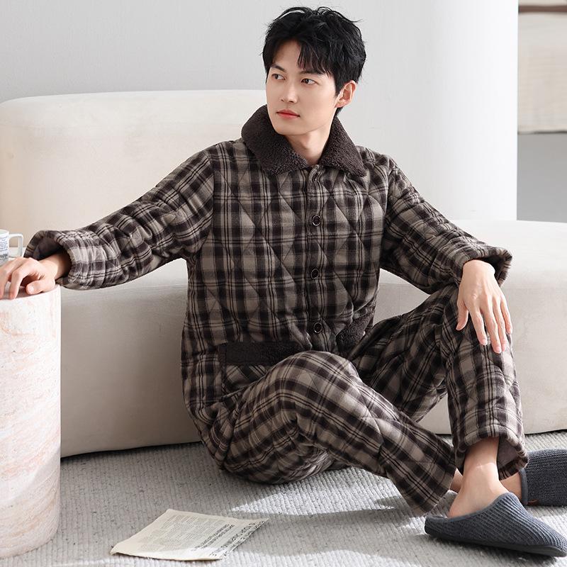 

Тканая пижама из чистого хлопка мужская теплая домашняя одежда зимняя трехслойная утолщенная куртка с подкладкой можно носить вне костюма 3XL