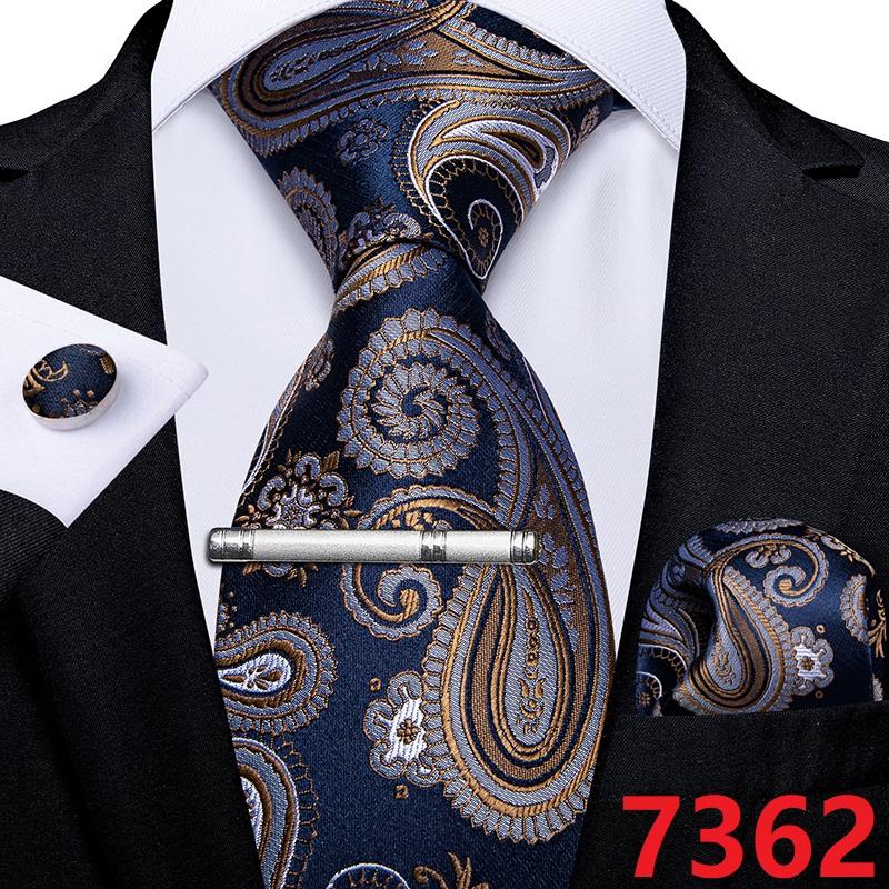 Luxury Blue Paisley Silk Tie Set For Men Floral Men's Wedding Neck Tie Pocket Square Cufflinks Tie Clips Men's Gift