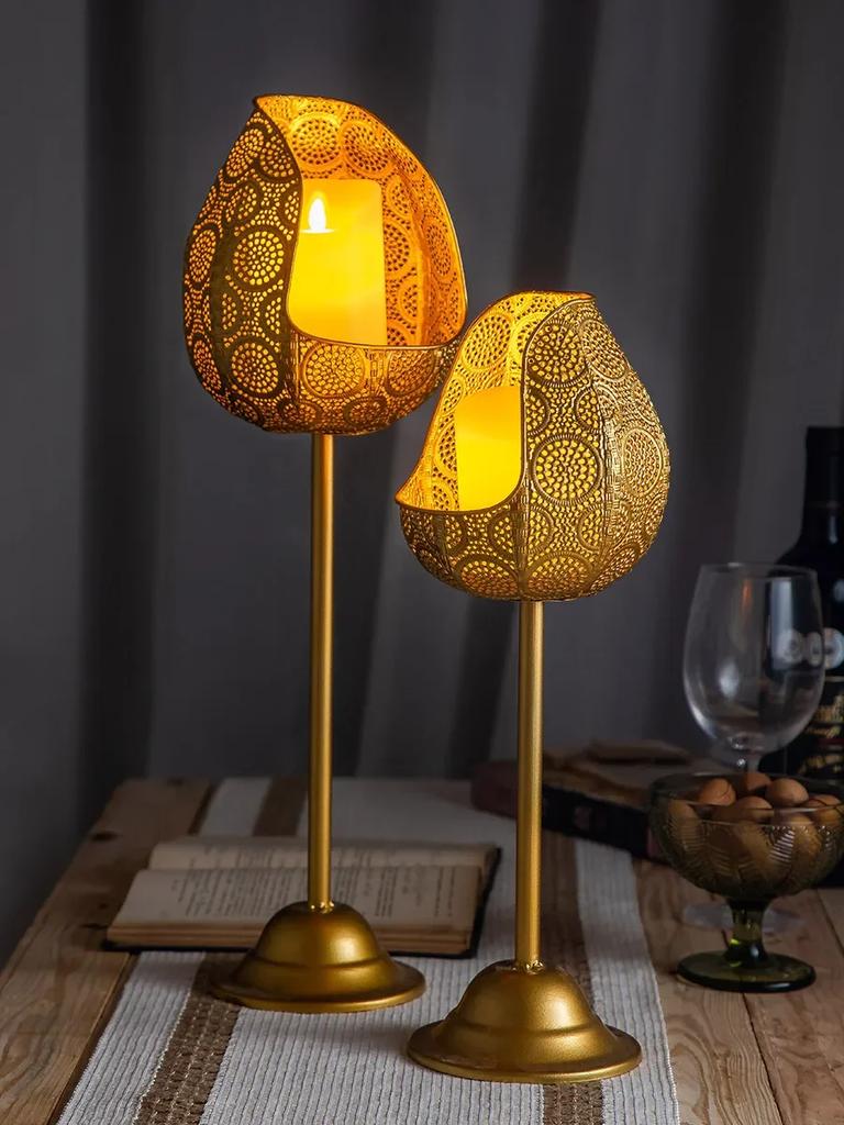 1 buc. Suport metalic pentru lumânare în stil european, Bijuterii lucrate manual cu model ajurat, Sfeșnic auriu, Sfeșnic pentru cină la lumina lumânărilor